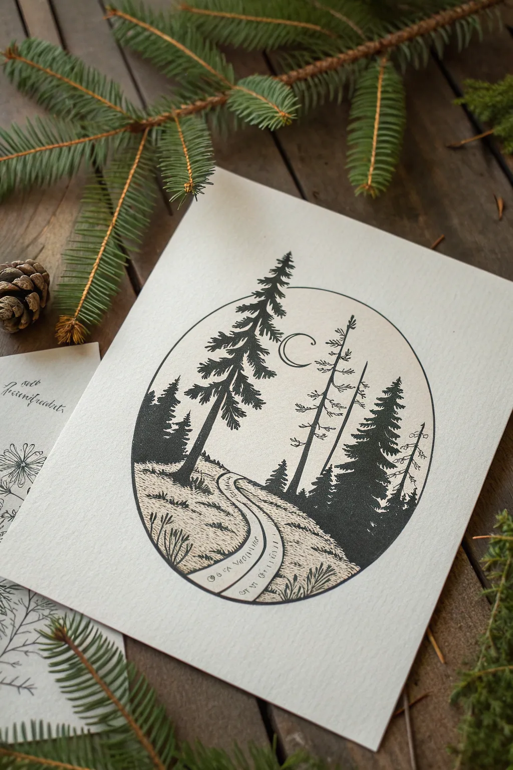 Minimal circular forest vignette with a tiny path, perfect for calm Scandinavian-inspired sketches.