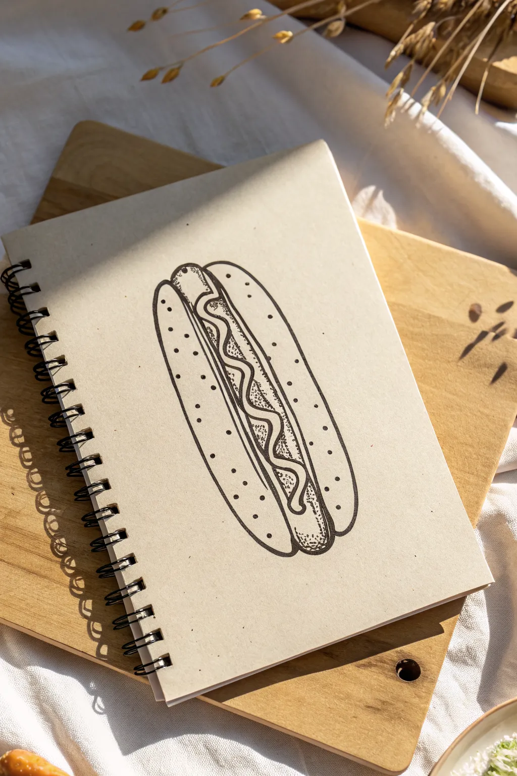 Chunky hot dog doodle with zigzag toppings, minimal summer picnic vibe in clean Nordic style