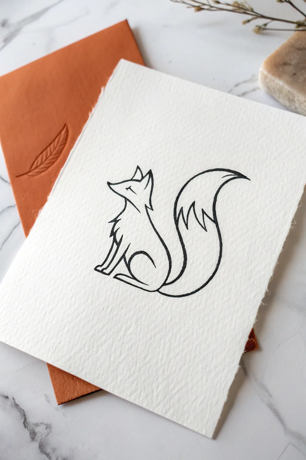 Minimal line art fox silhouette with a bold terracotta accent block in a calm Nordic boho style