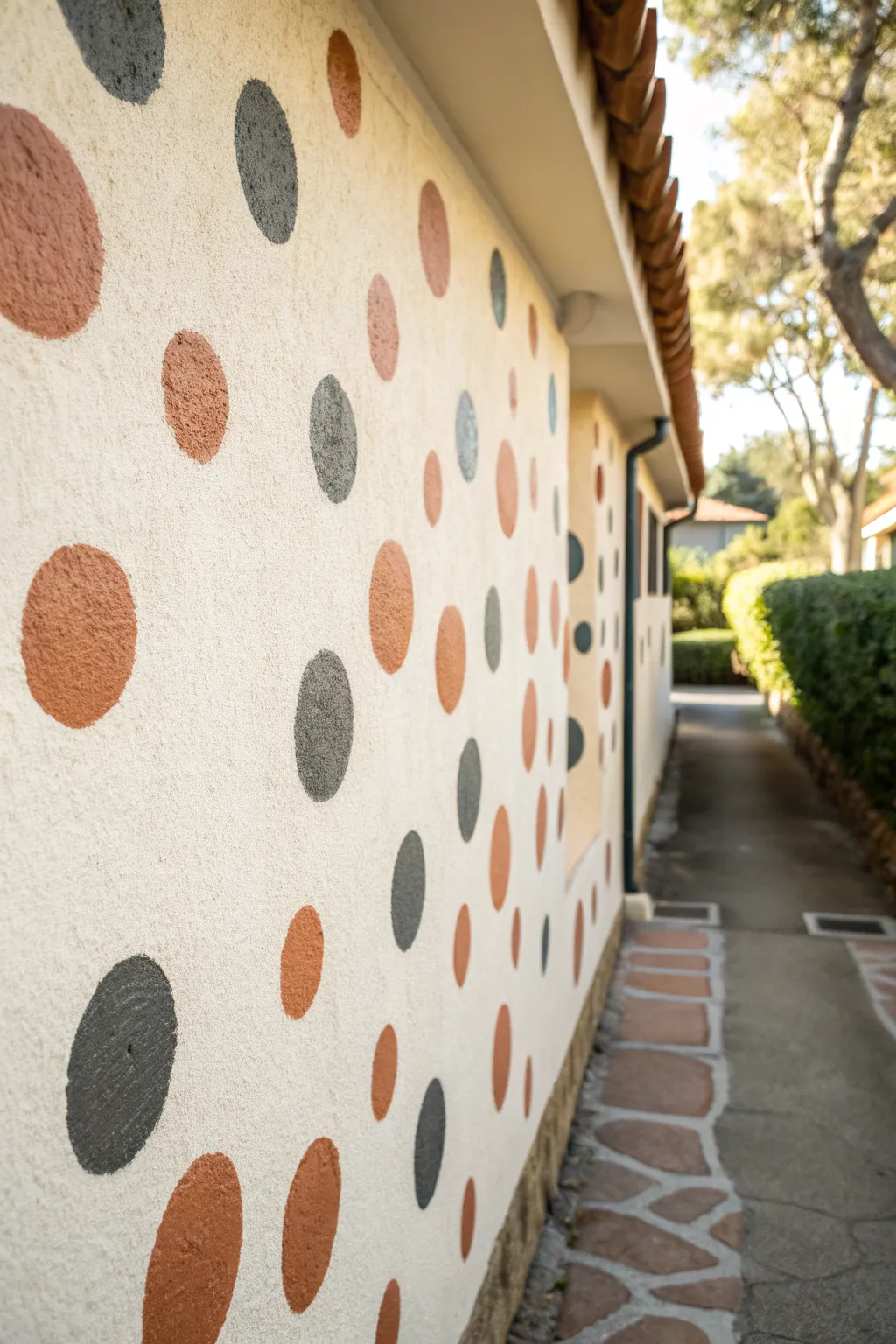 Playful imperfect dots and hand-painted rings, a chic freehand wall idea with boho warmth.