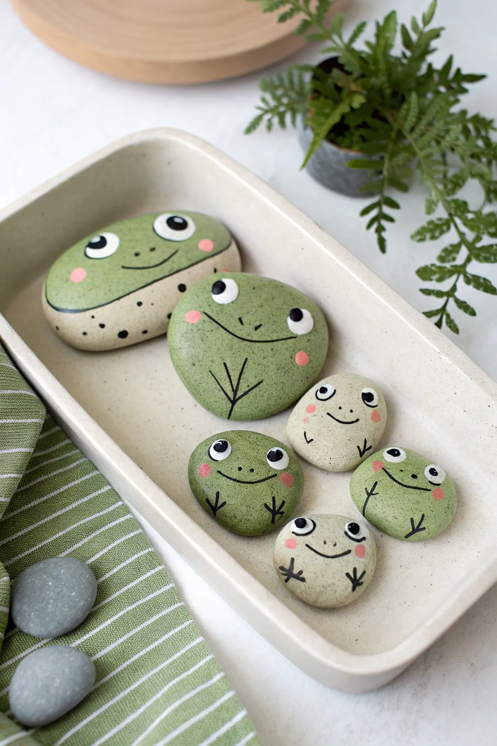 Minimalist frog rock family pond cluster on a neutral tray with soft greens and crisp contrast