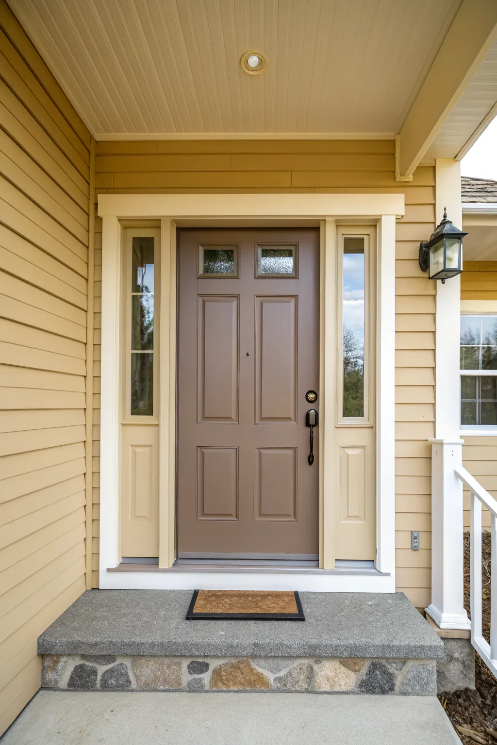 Quiet depth in tone-on-tone porch neutrals: cream walls, beige trim, and a taupe door.