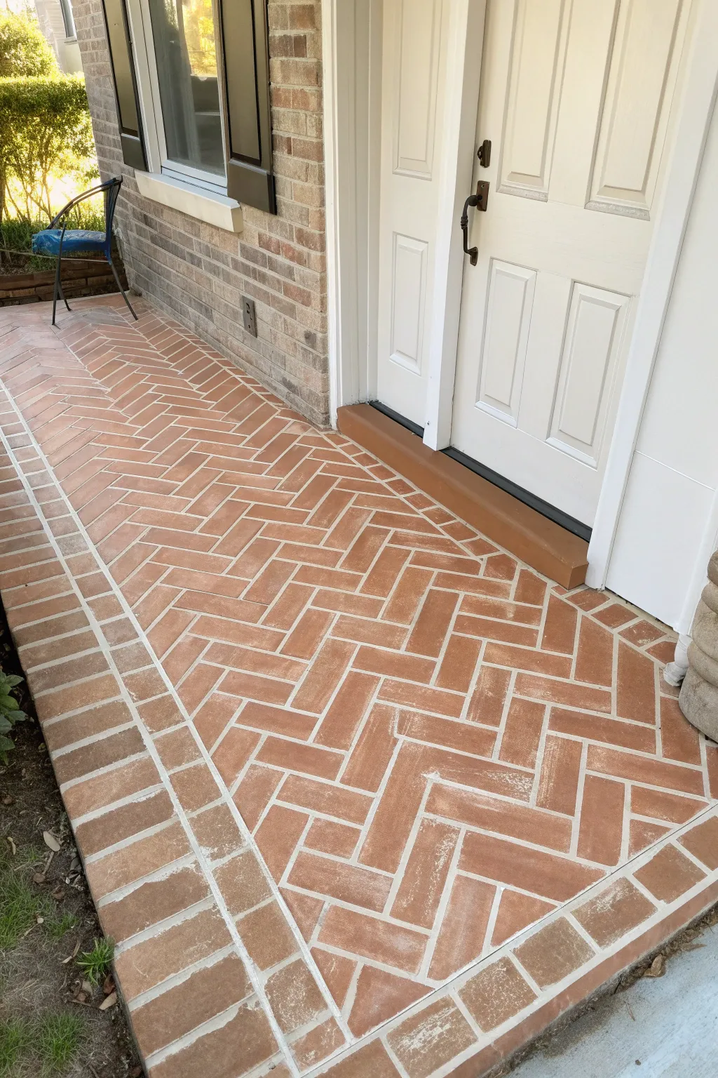 Warm faux brick herringbone paint turns plain concrete into a cozy, sunlit porch statement.
