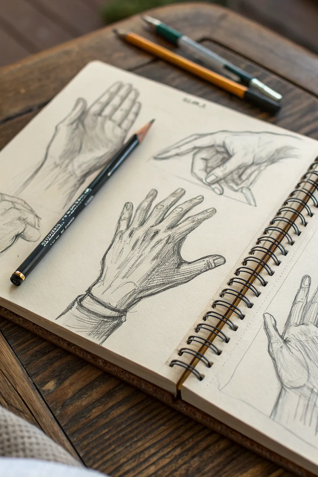 Layered hand studies that cover the entire page, using overlap, gesture lines, and crosshatching.