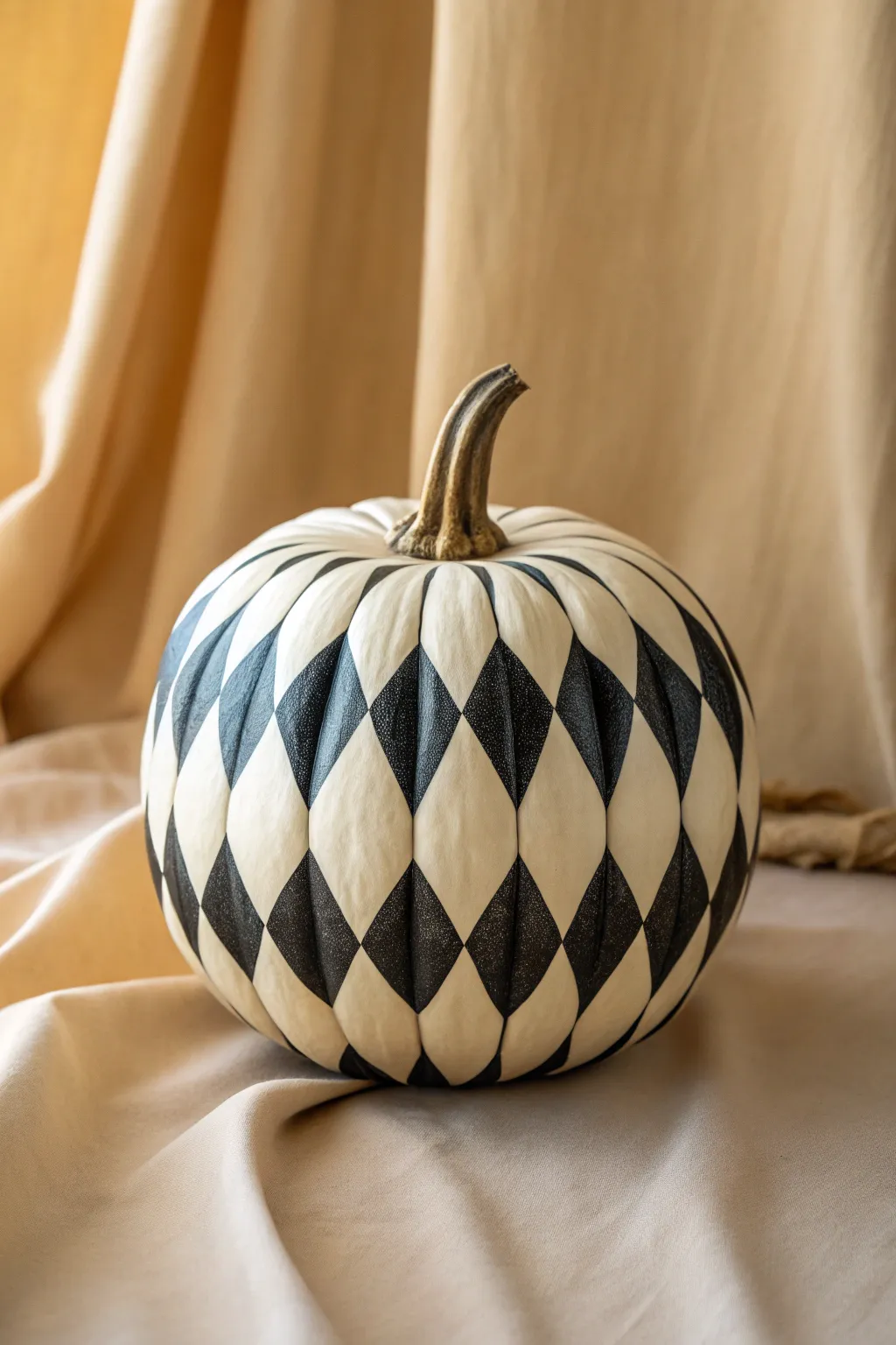 Bold harlequin diamonds in ivory and charcoal for a crisp, modern pumpkin painting idea