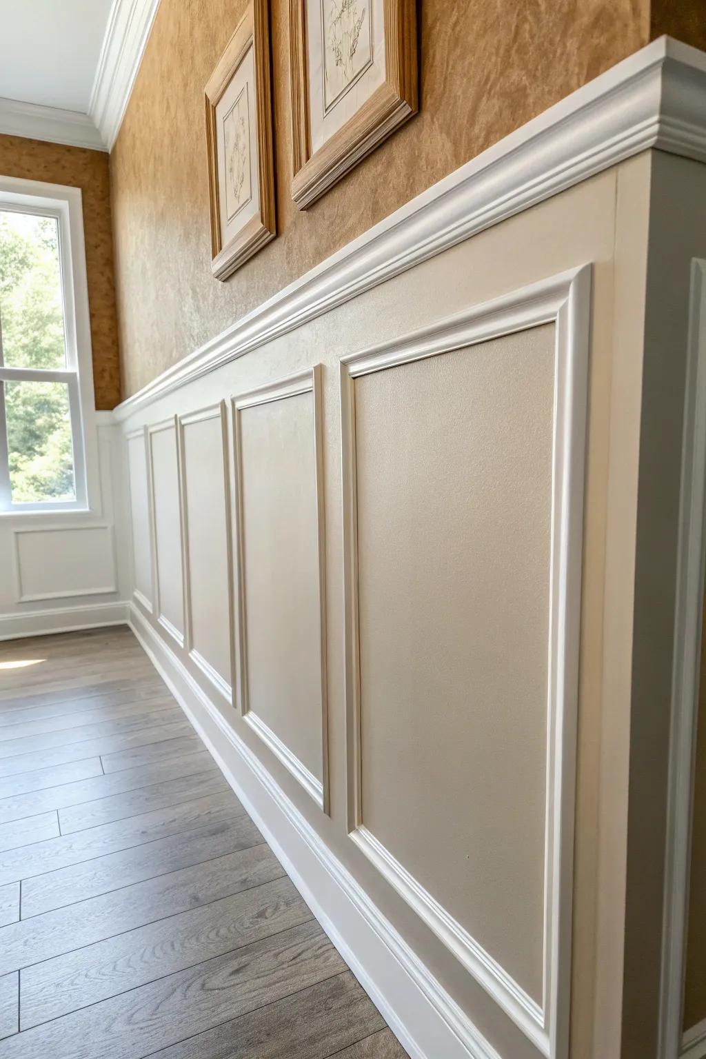 Painted faux wainscoting panels with crisp corners and a soft two tone wall for easy DIY depth.