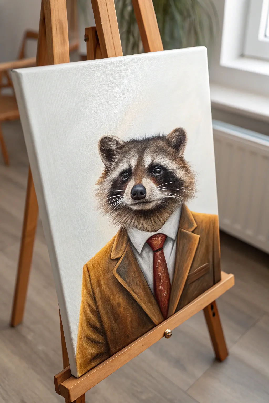 Serious raccoon in a crisp suit and tie, painted in acrylic for a minimalist funny portrait.