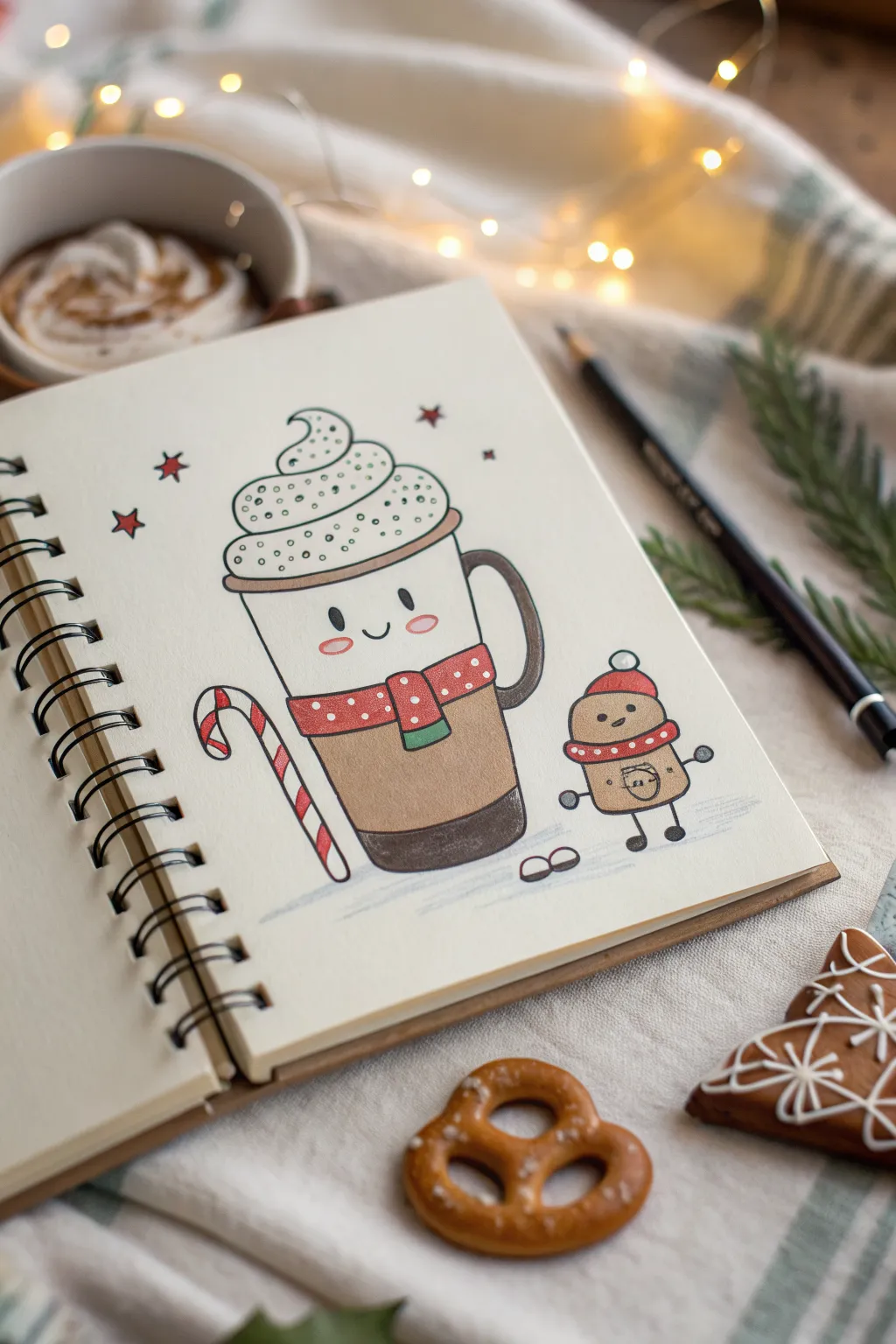 Cute cocoa character drawing with pretzel and candy pals, perfect for funny Christmas doodles