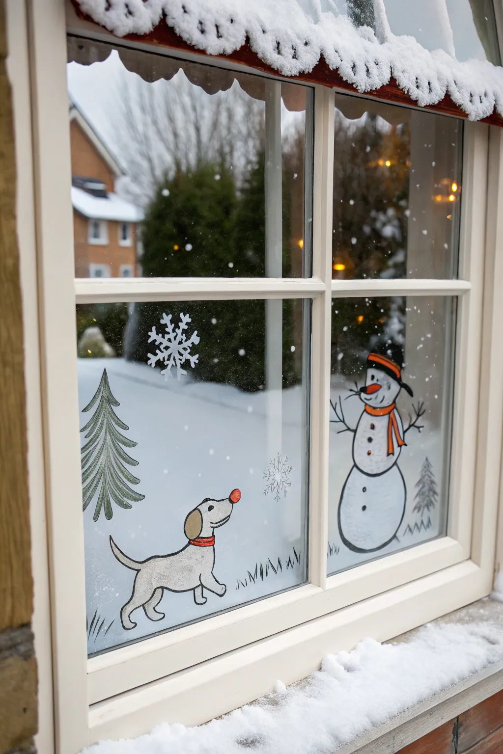 Playful window art: a cheeky dog steals the snowman’s carrot nose, with pawprints in snow.
