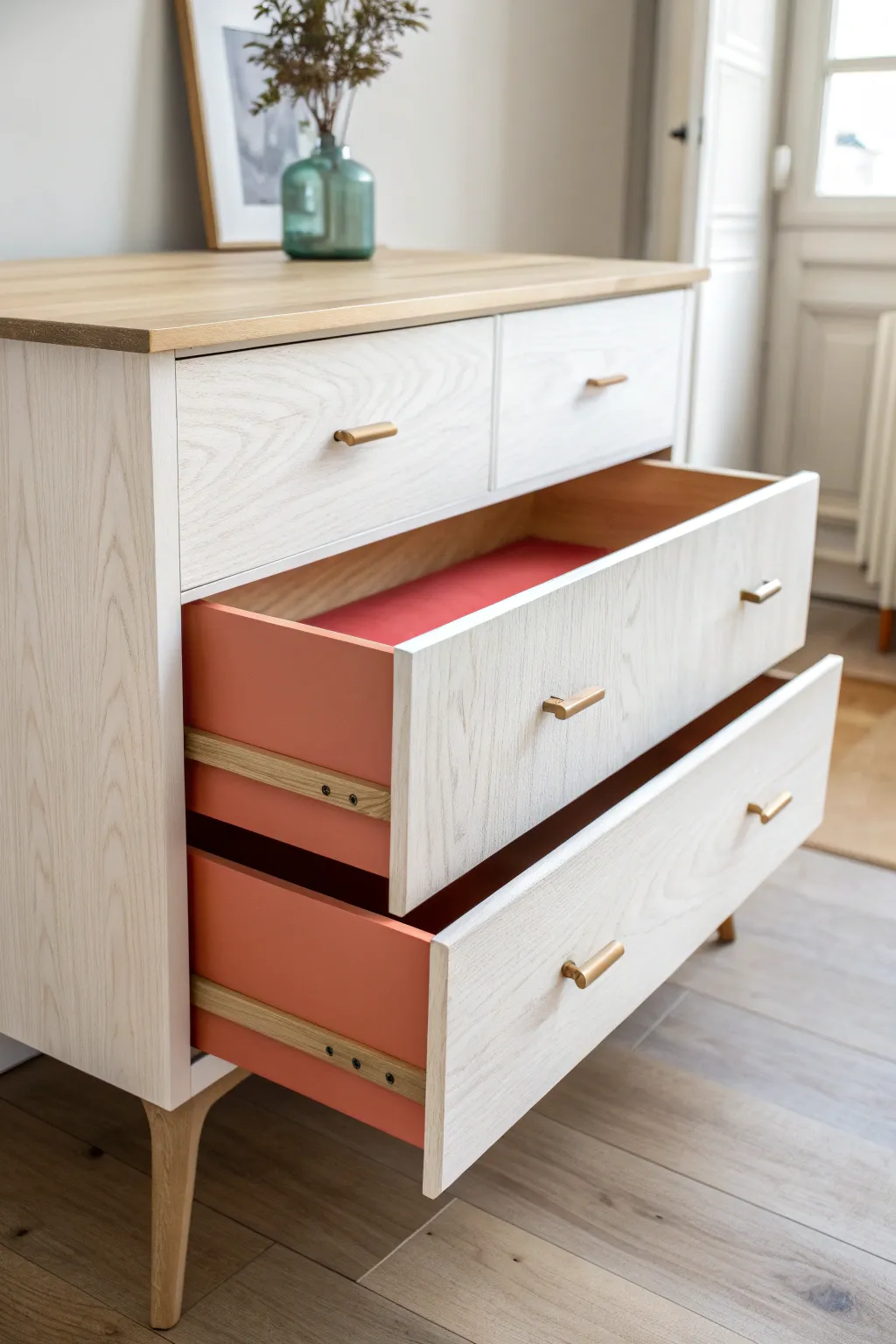 Neutral dresser outside, bright drawer inside for a chic hidden pop of color.