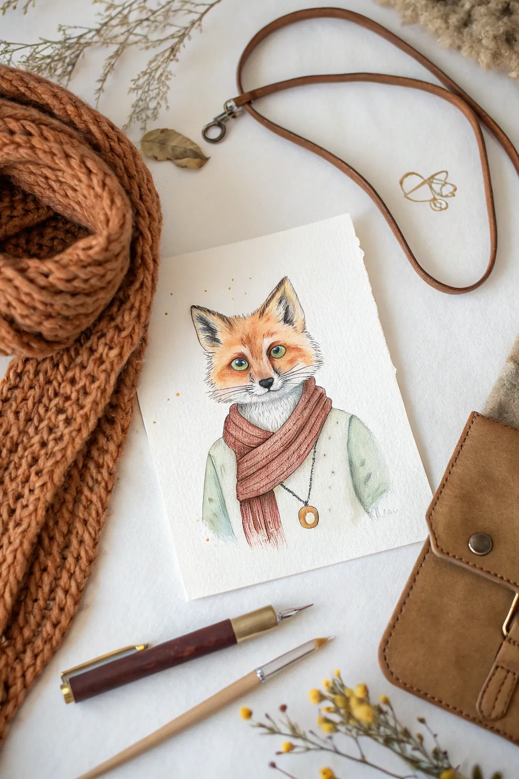 Furry portrait with story-filled accessories in a Nordic minimal, soft boho aesthetic.