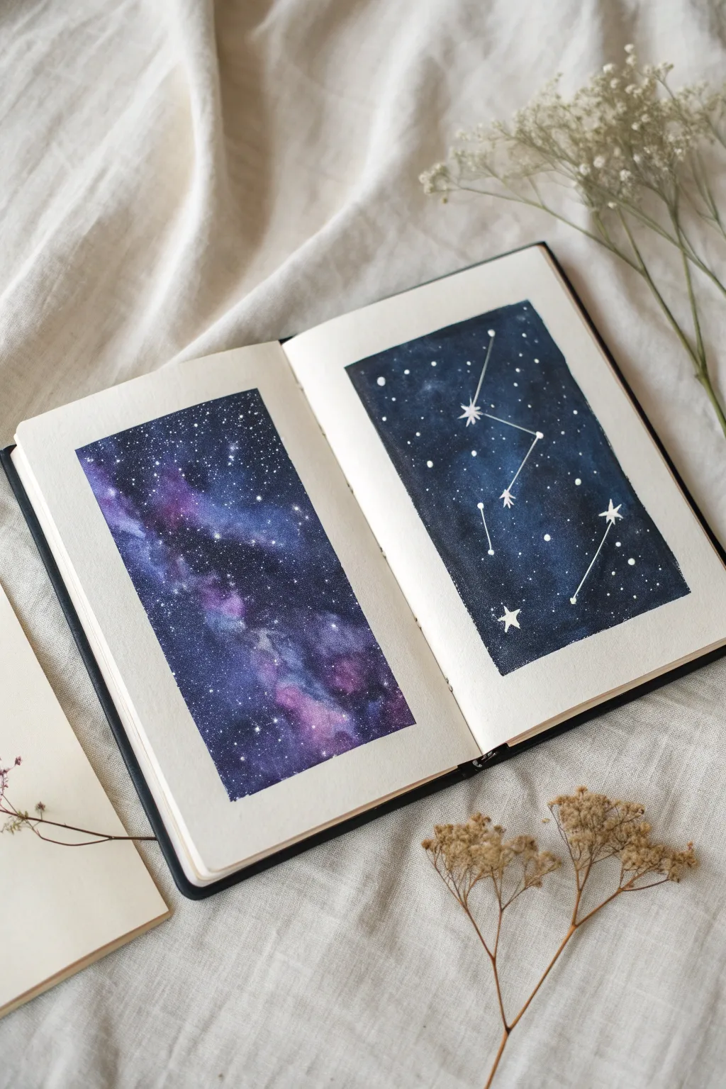 Daily galaxy practice: two dreamy nebula studies in an open sketchbook, crisp and calming.
