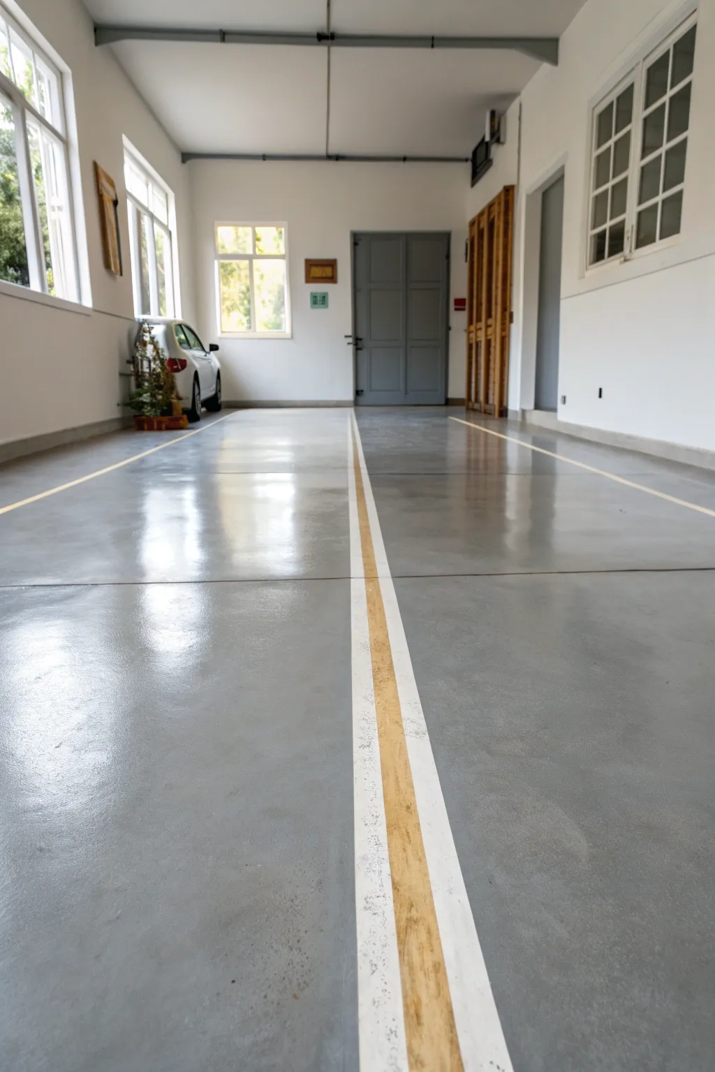 Showroom sleek garage floor: solid gray with a bold wide center stripe and glossy edges.