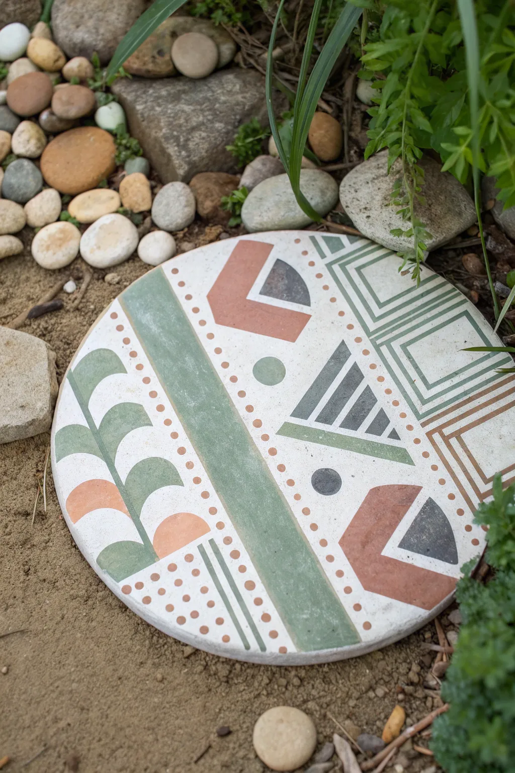 Simple painted patterns turn flat stones into chic stepping stones for a calm garden path