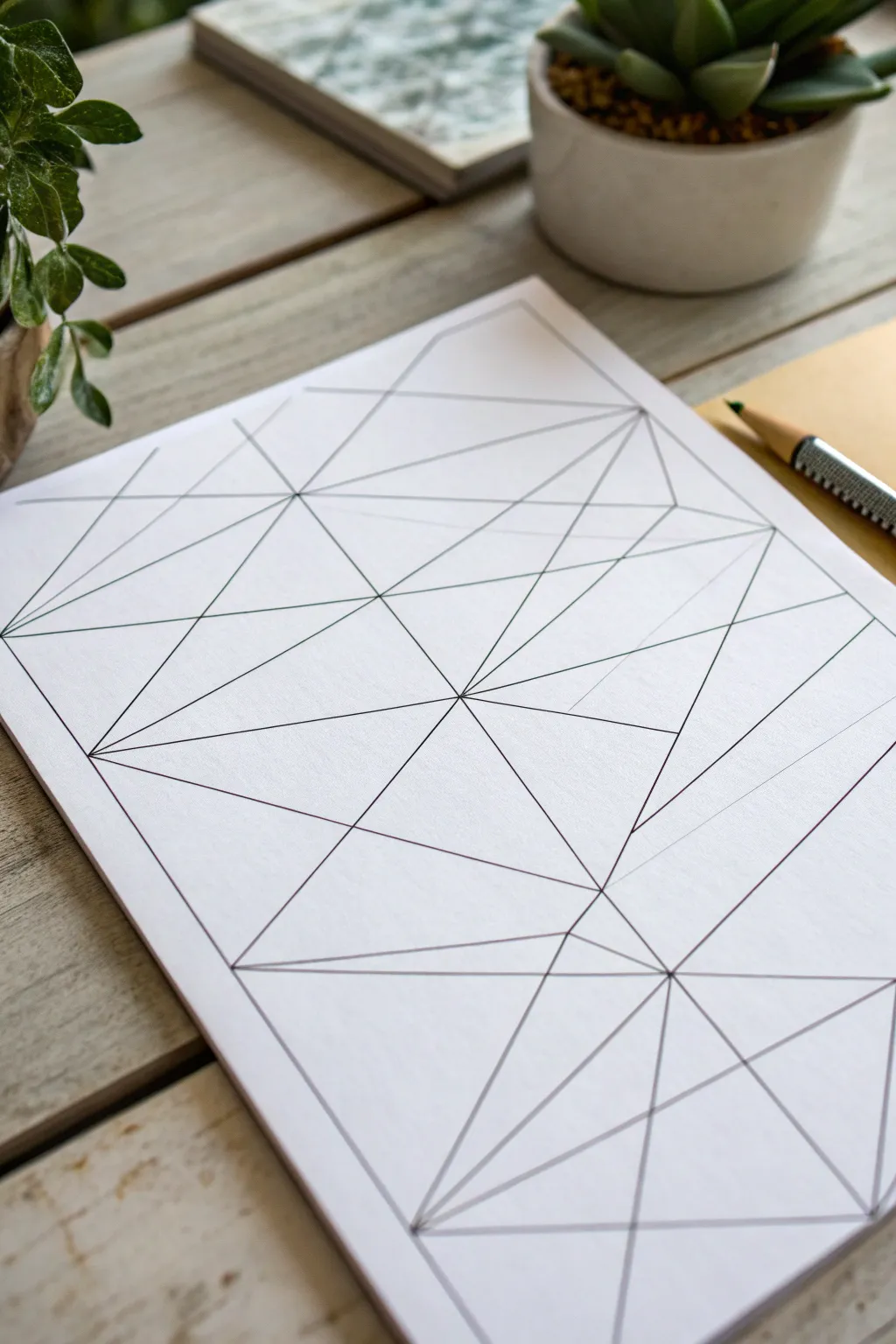 Airy line-only polygons on white paper, modern geometric minimalism with a soft handmade touch