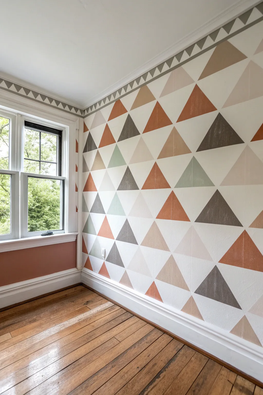 Corner-wrapping triangles create a bold geometric statement with calm Scandinavian-boho style.