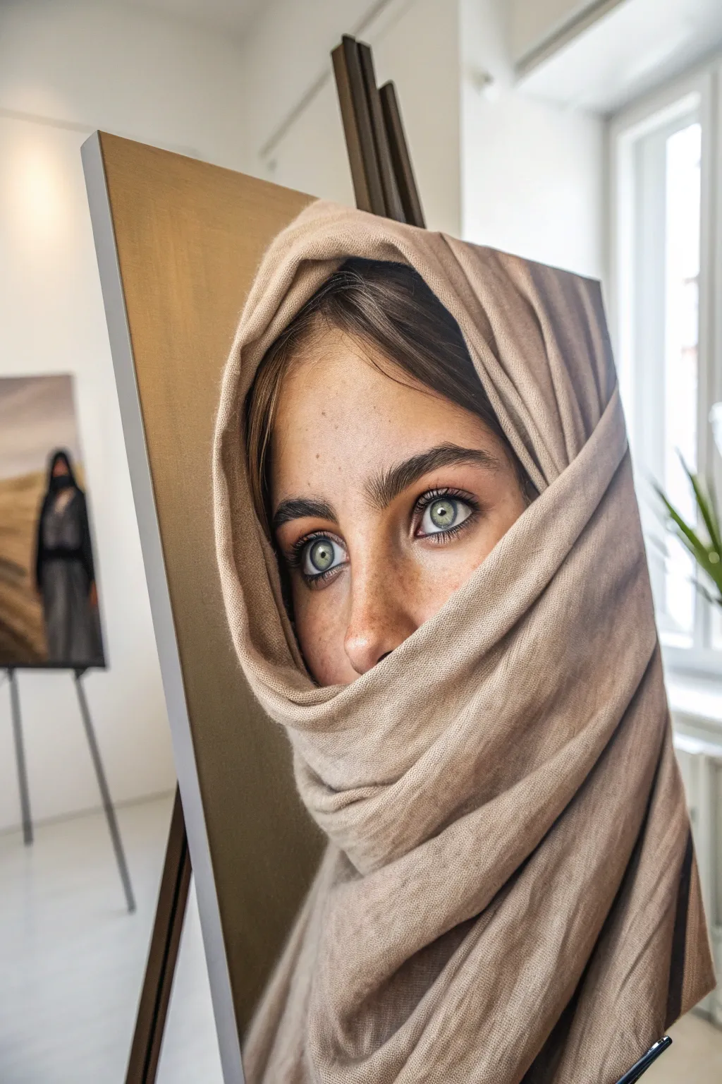 Close-up girl with scarf and luminous eyes, minimalist boho palette and crisp fabric folds