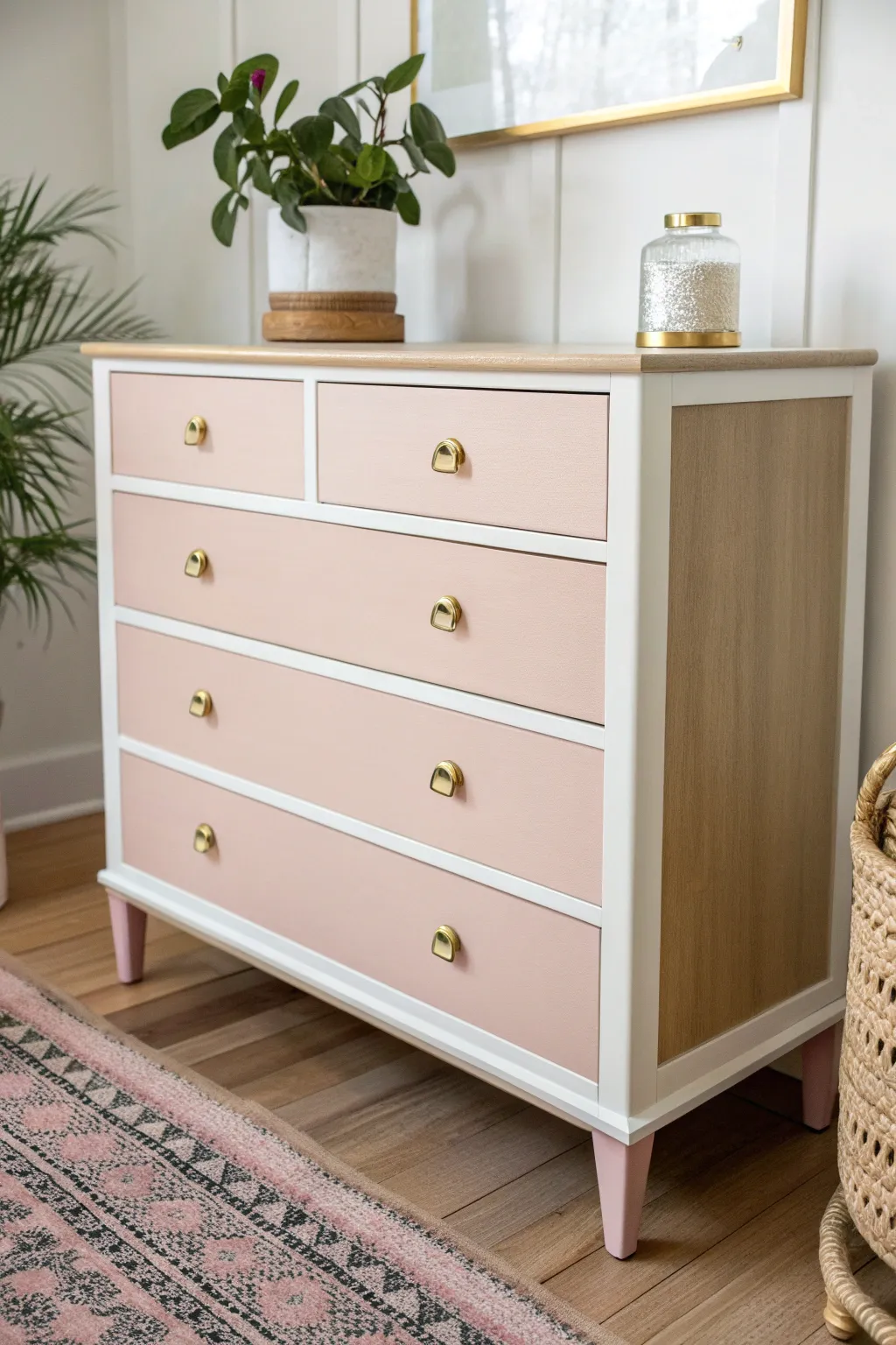 Two-tone trim highlights transform a girl dresser into a chic Scandinavian-boho statement piece.