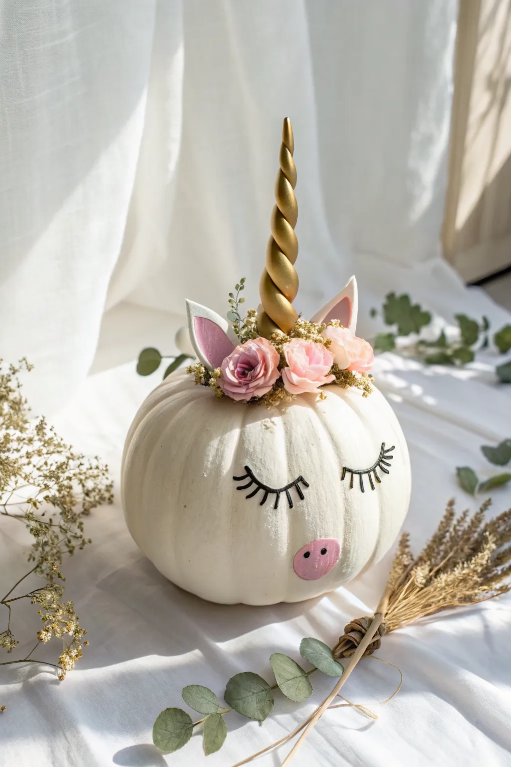 Pale blush unicorn girl pumpkin with a painted horn, sleepy lashes, and soft boho florals