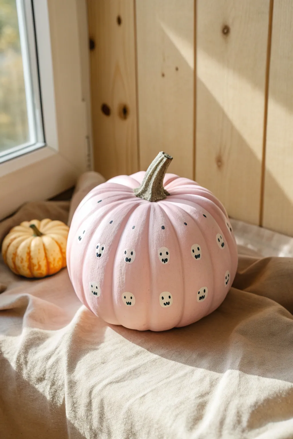 Blush pumpkin with a tidy creepy-cute ghost repeat pattern for soft, girly Halloween decor.