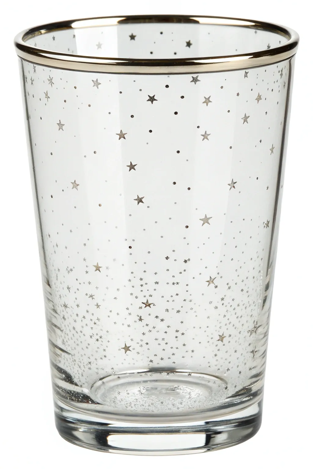 Metallic rim and starry speckles on a clear glass cup, minimal, moody, and beautifully luminous