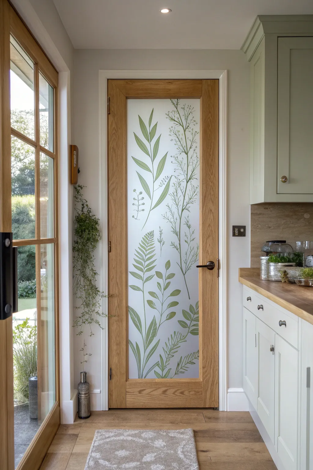 Paint delicate herb silhouettes on a pantry glass door for privacy and soft, airy light.