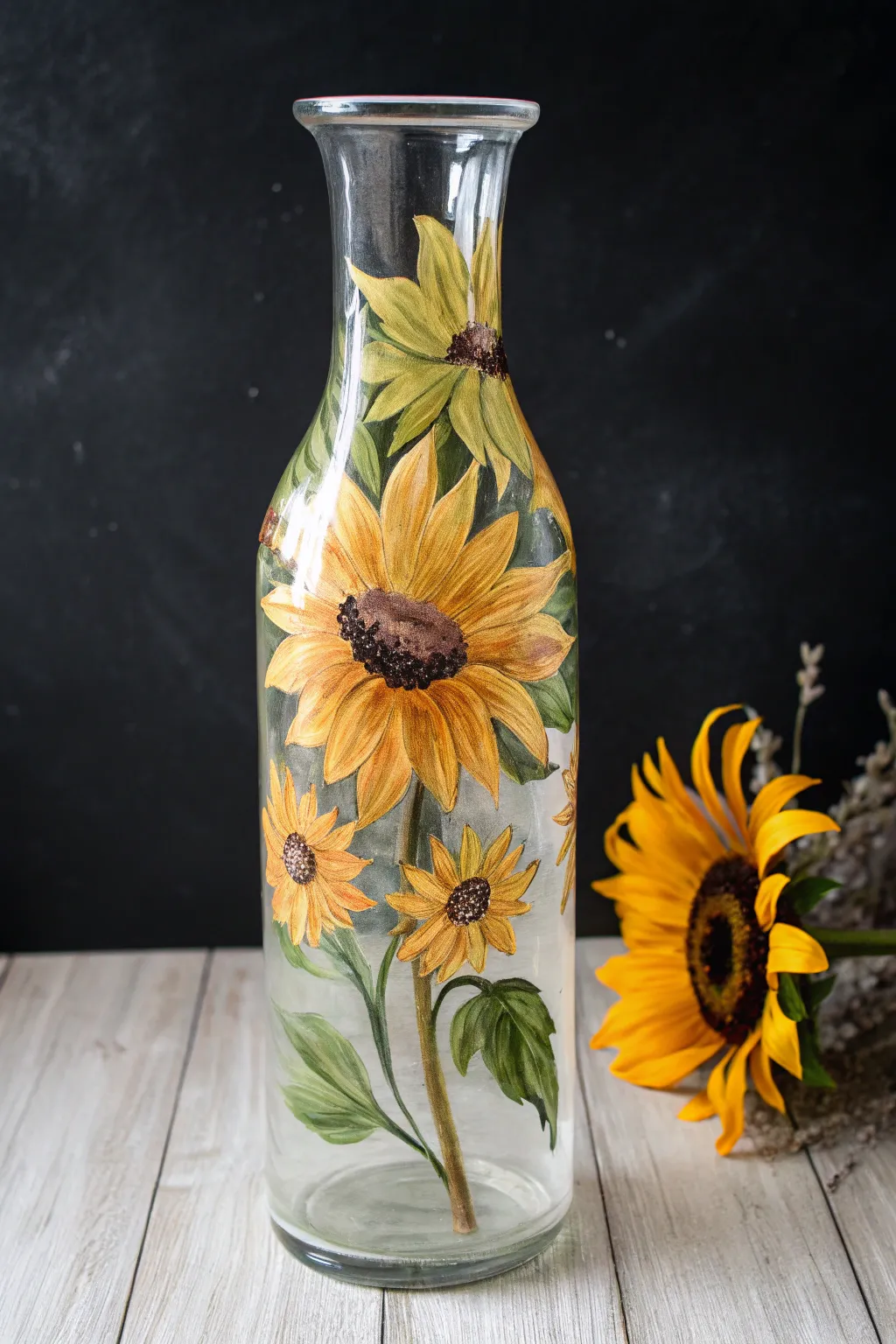 Bold sunflower statement on glass, crisp brushstrokes and high-contrast minimalist styling