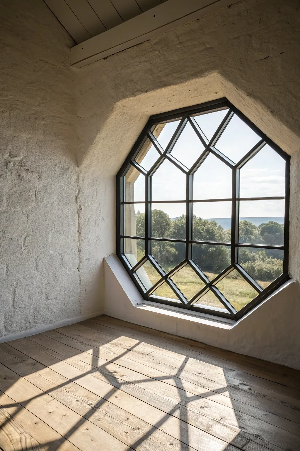 A bold hexagon window casting crisp sunlit shapes for a modern, playful minimalist vibe.