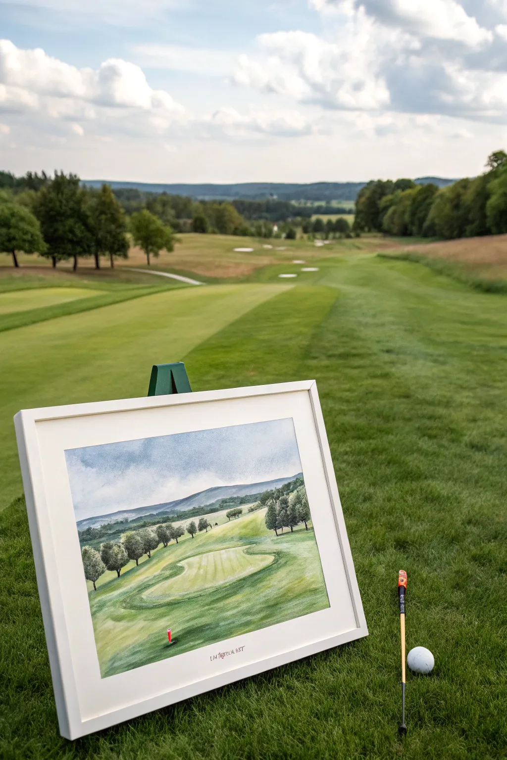 Minimalist golf hole perspective from the tee box, with soft boho tones and strong depth.