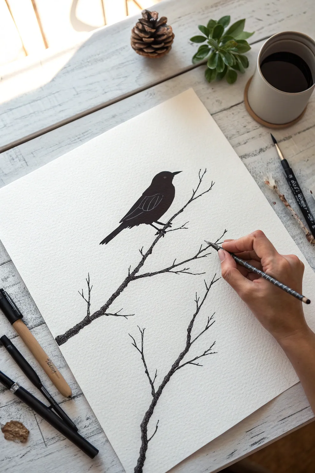 Minimal bird-on-branch silhouette study with bold shapes and calming negative space