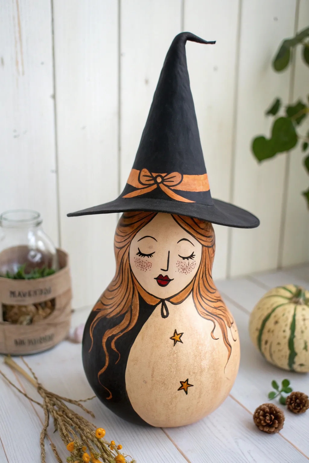 Paint a witchy gourd with a tall hat, textured hair strokes, and a simple ribbon accent.