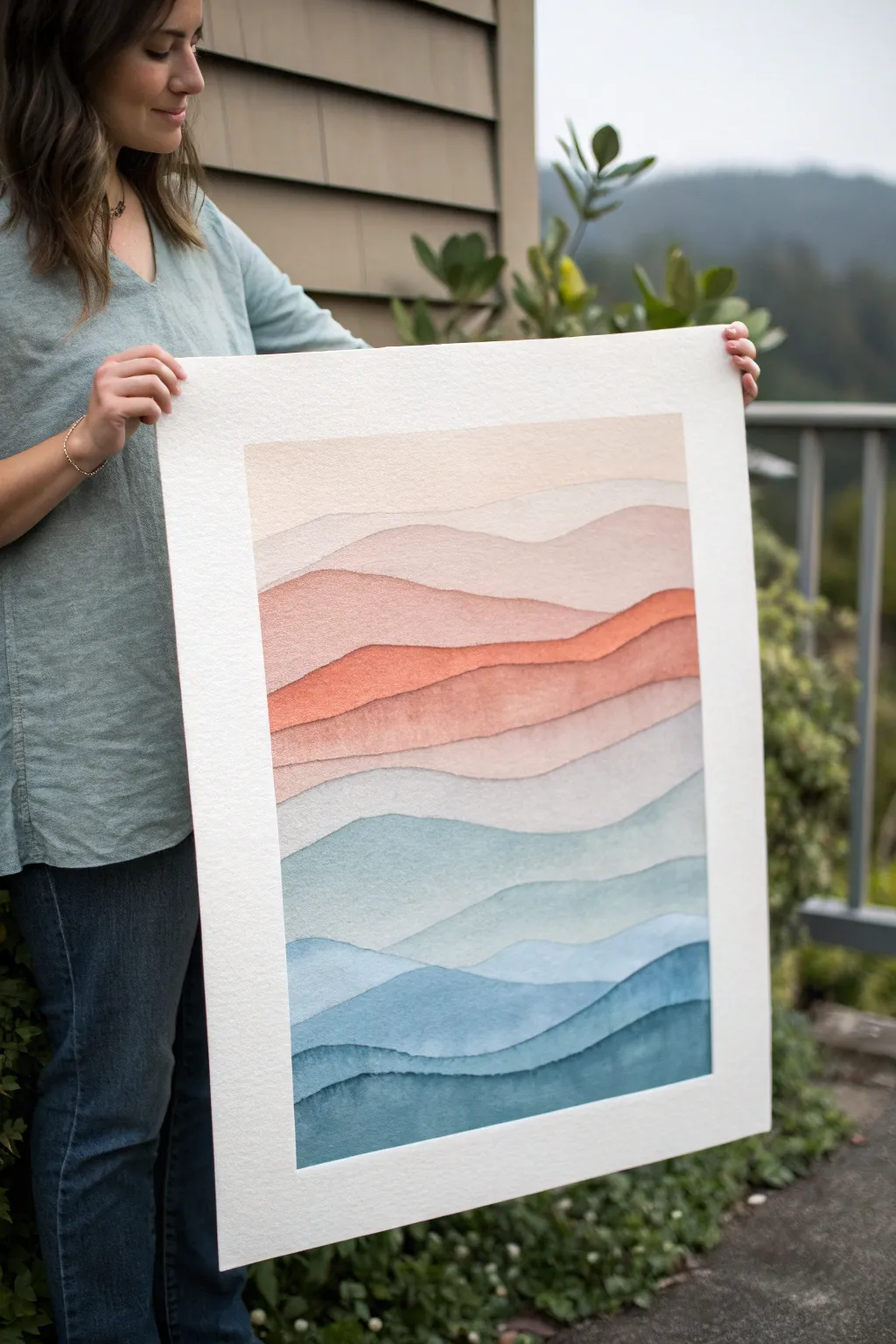 Layered hill gradients in soft boho tones, a minimalist painting idea with calming depth