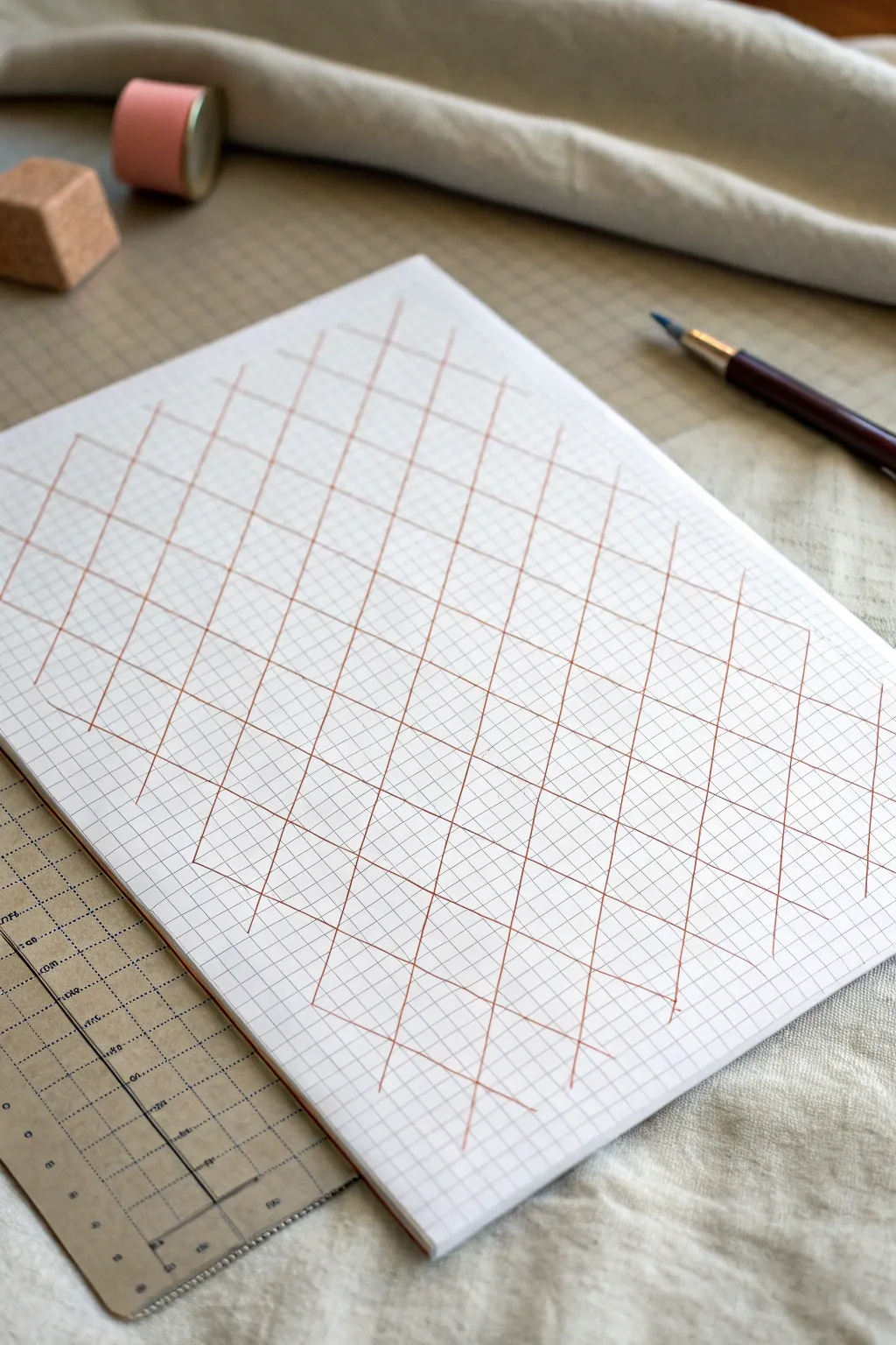 Argyle diamond tessellation on graph paper with soft boho hues and crisp minimalist contrast