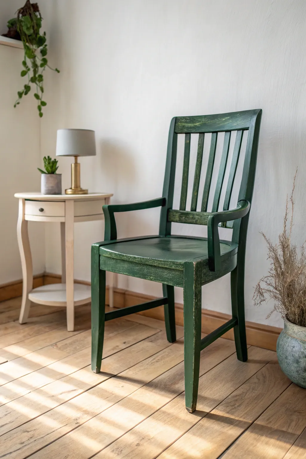 A deep green painted chair brings an elegant pop to a calm, neutral Scandinavian corner
