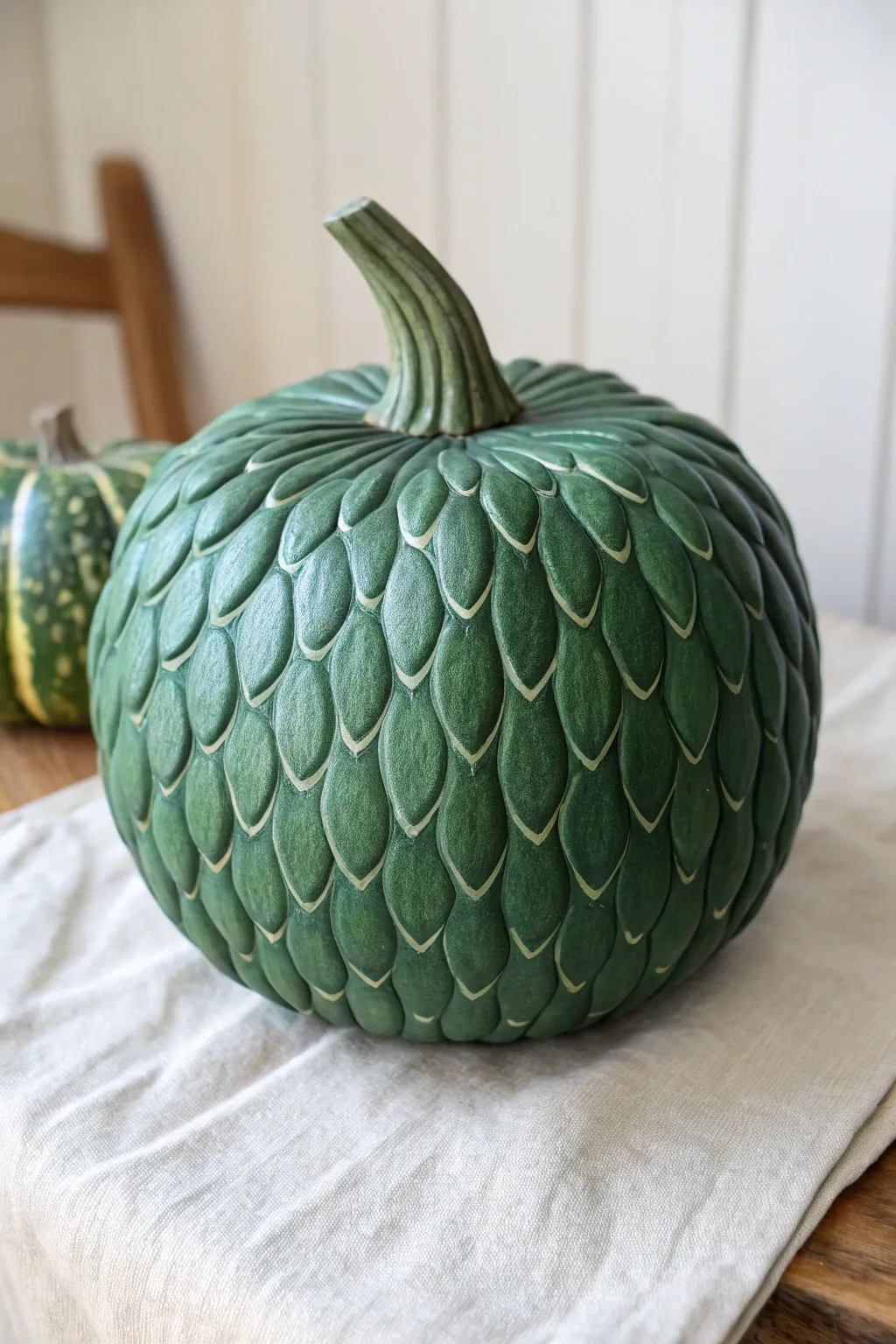 Forest green dragon scale pumpkin with subtle highlights and ridge spines, minimalist boho look
