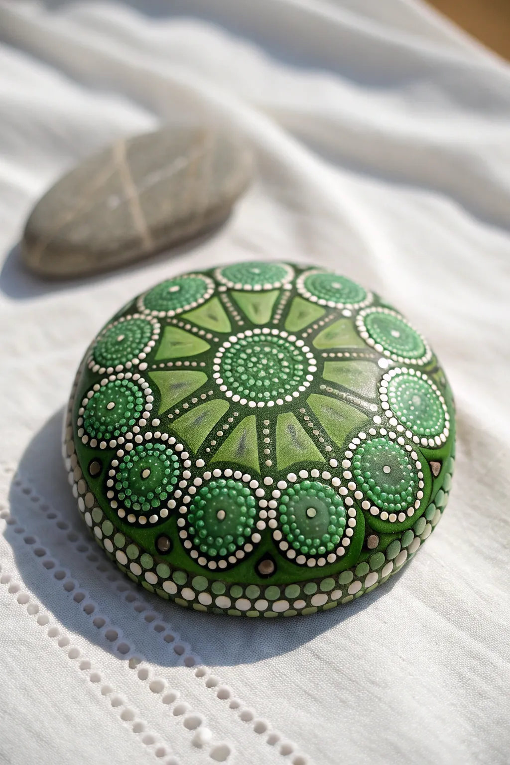 Soothing green turtle shell mandala rock, dotted layers and white highlights on a clean linen backdrop