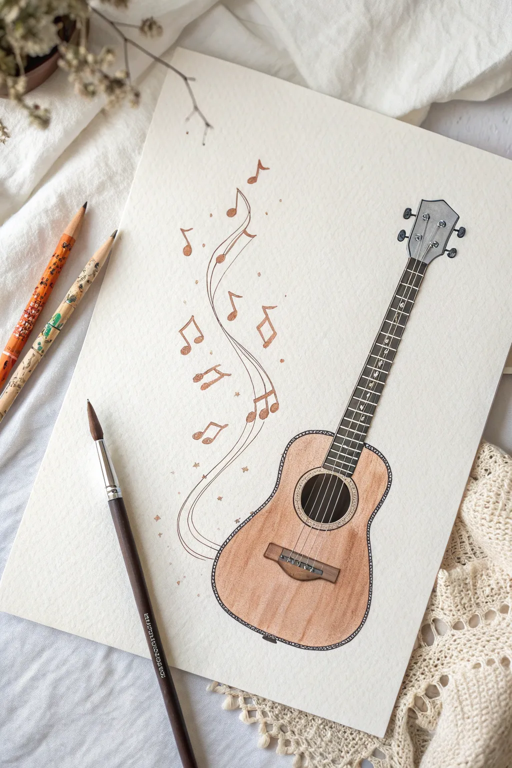 Minimal guitar sketch with dreamy floating notes, soft boho neutrals and crisp contrast