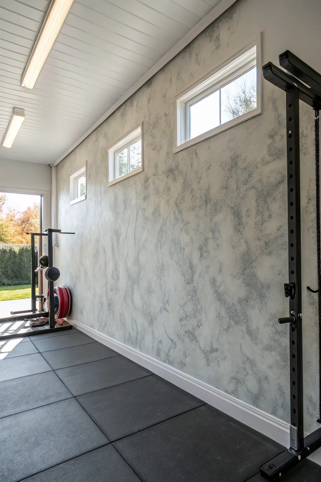 Soft faux-concrete wall texture for a garage gym, matte and clean with subtle gray depth.