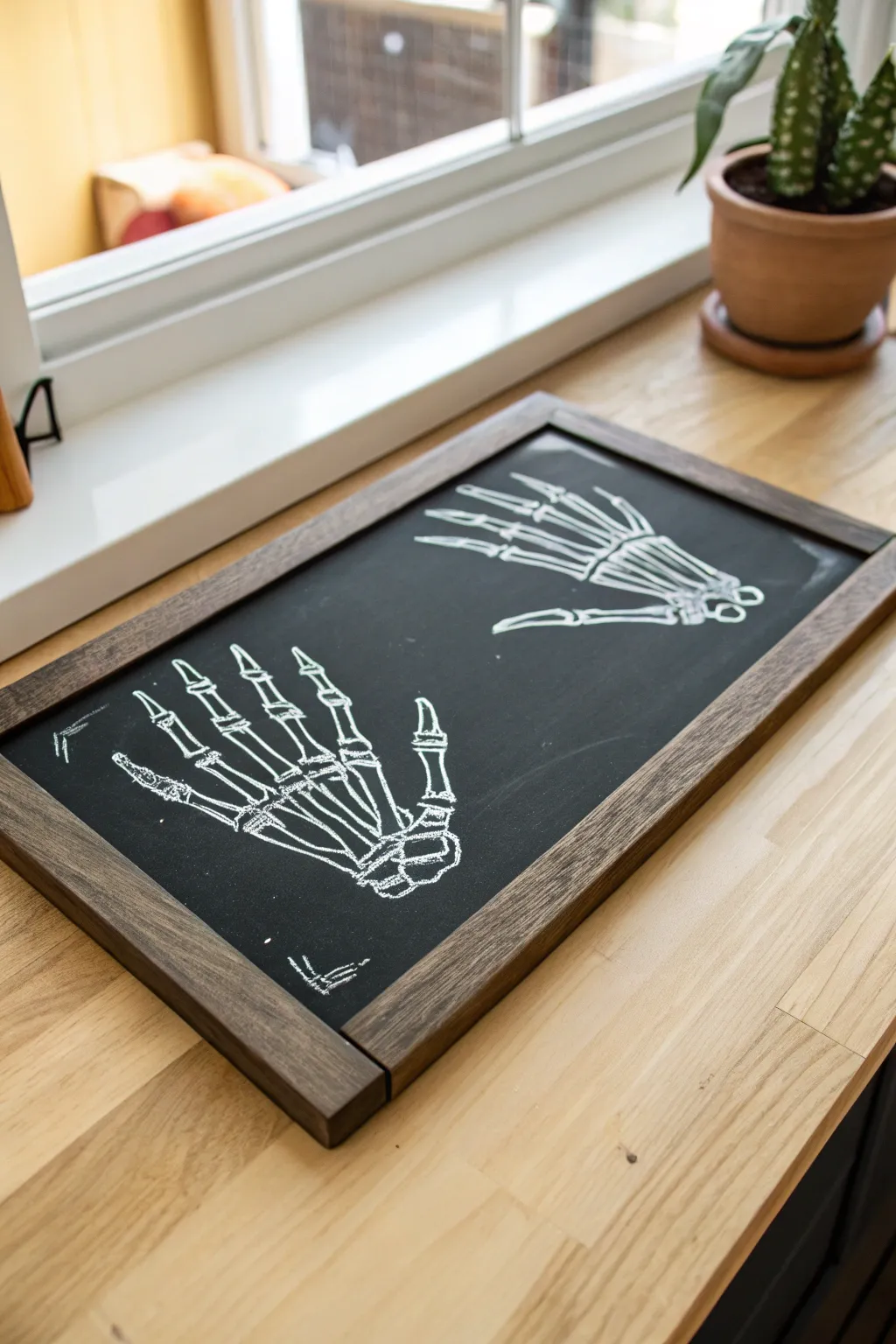 Minimal chalkboard skeleton hands reaching in, a chic and easy Halloween chalk art idea