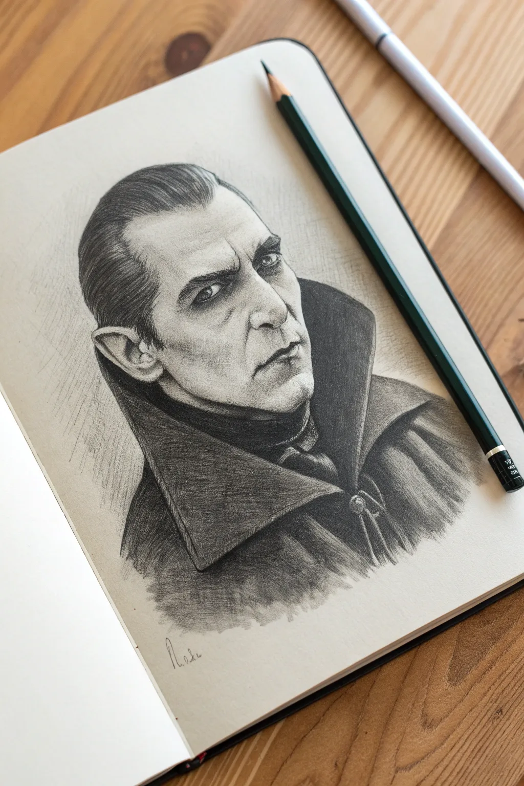 Moody vampire portrait sketch with bold shadows and crisp cape collar for Halloween art.