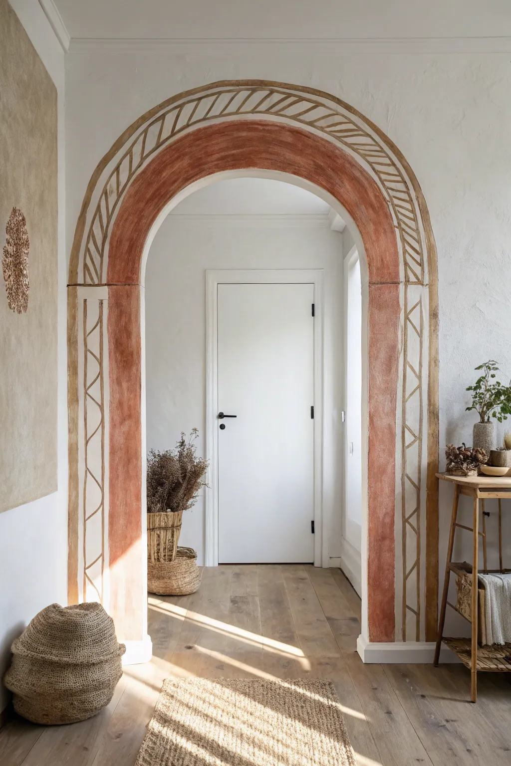 A hand-painted archway illusion frames the doorway, adding depth and instant architecture.