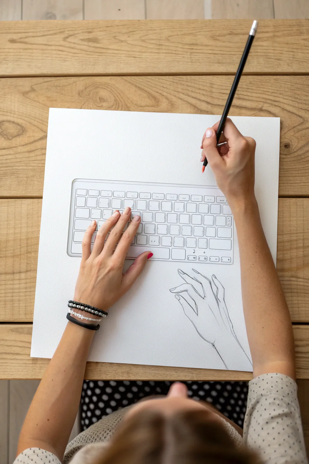 Top-down hand sketch idea: poised fingers over a simplified keyboard, clean lines and Nordic calm.