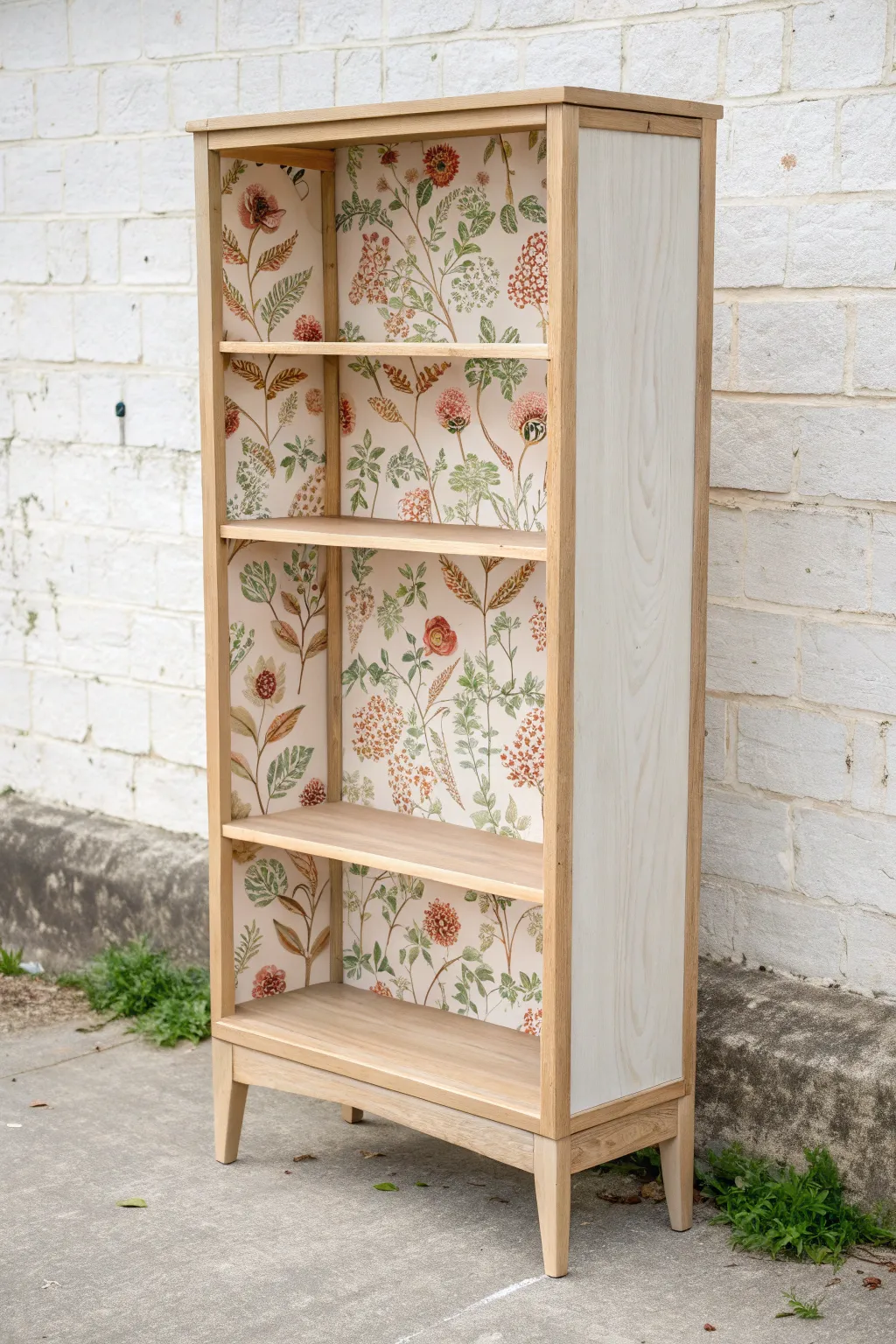 Minimalist bookcase with a hand-painted floral back panel for a soft wallpaper effect