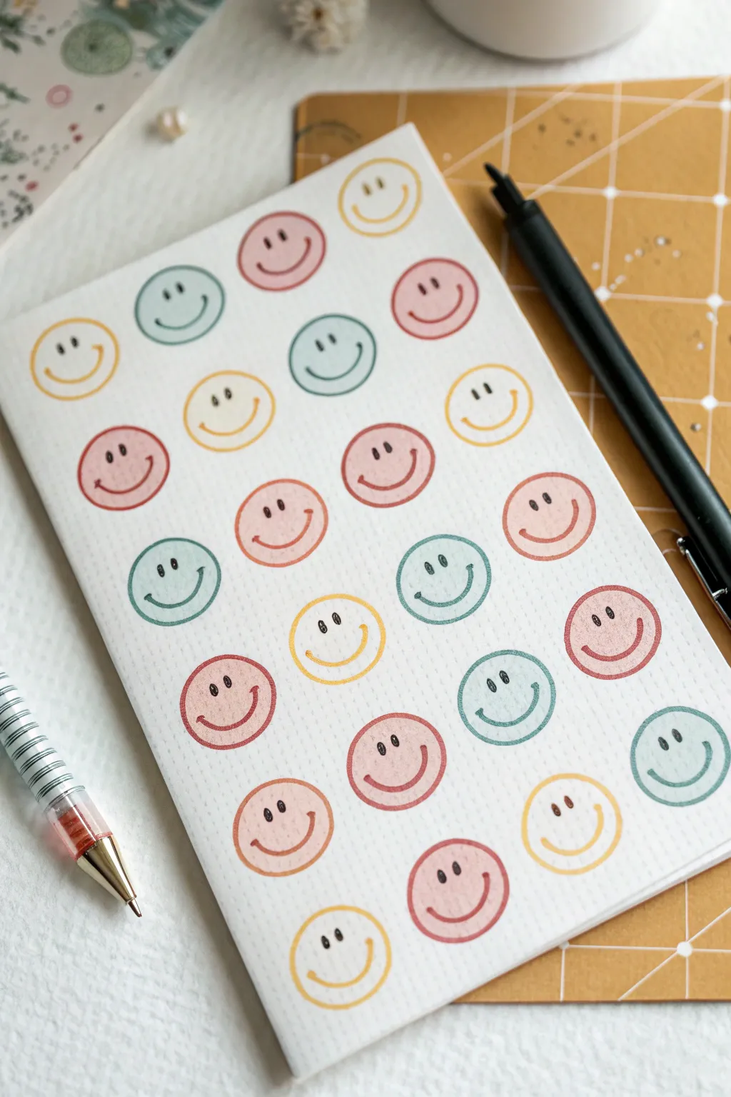 Simple smiley face pattern background with playful expressions, blush and freckles, clean and bright