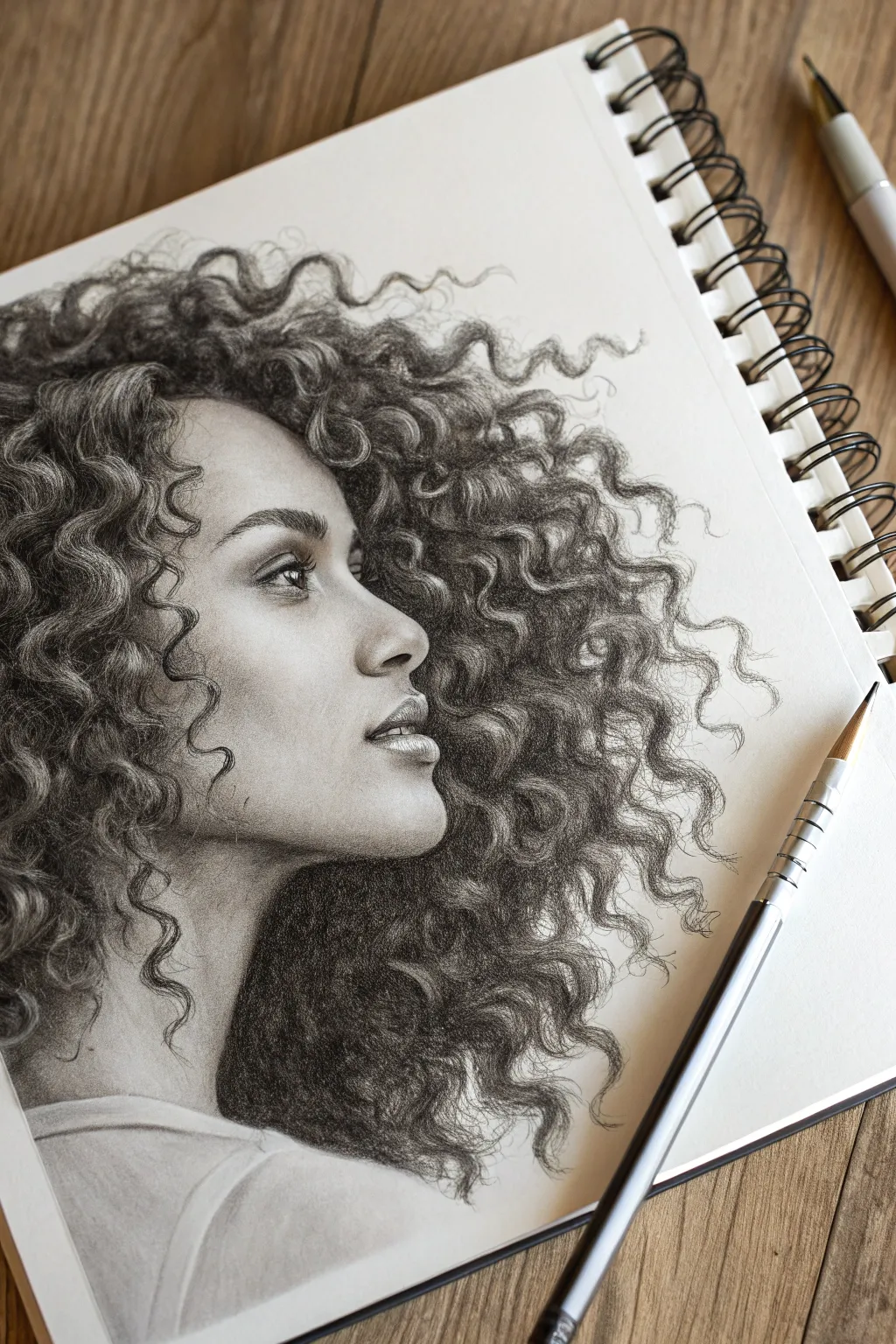 Curly hair rendering study: layered curls, shine bands, and flyaways with crisp graphite contrast