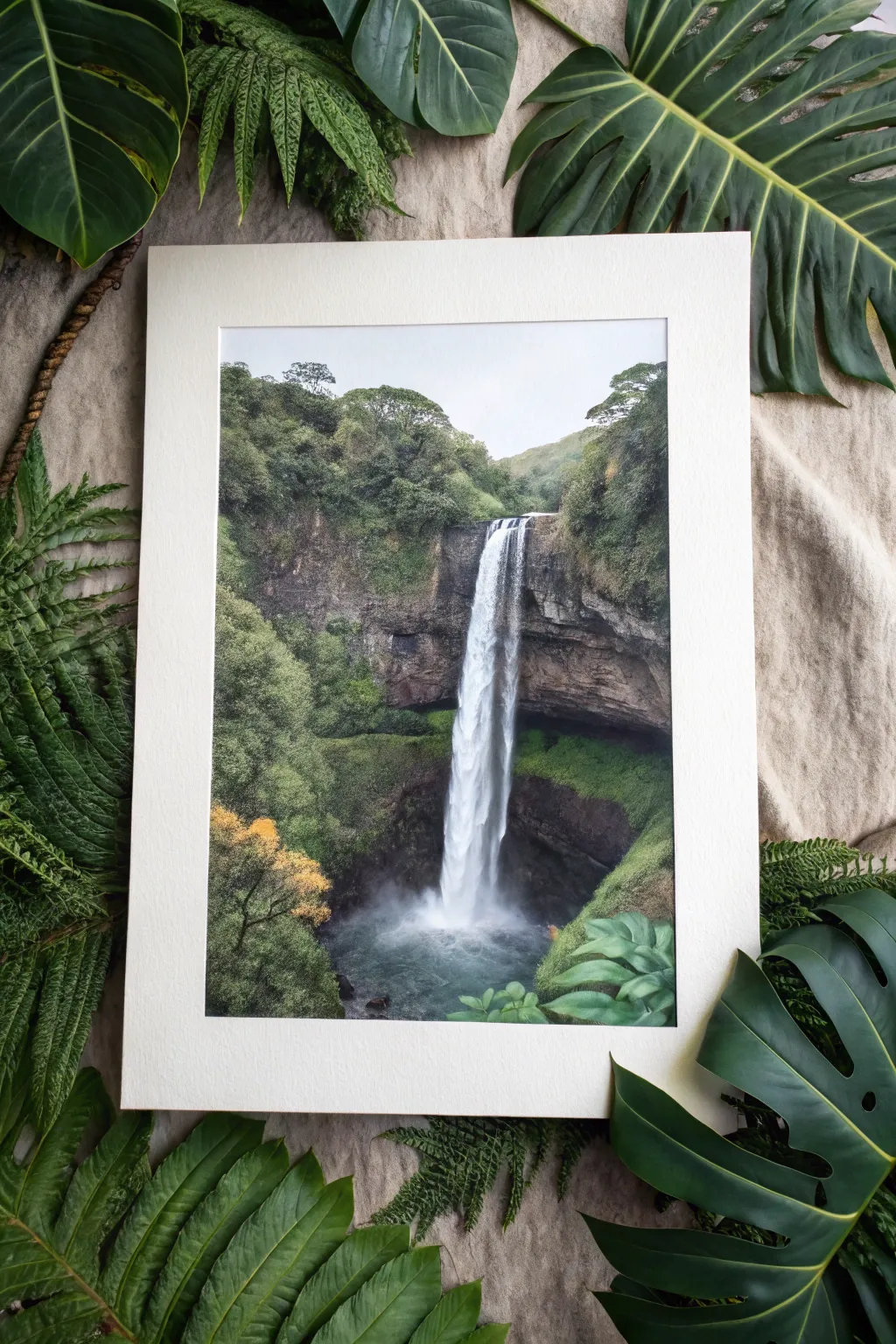 Minimalist watercolor of a Hawaiian waterfall, deep greens and bright mist for soothing contrast