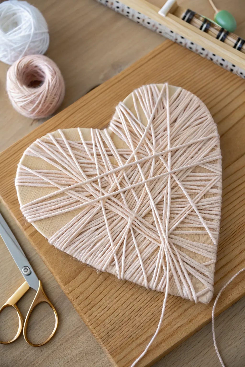 A cozy yarn-wrapped cardboard heart with soft boho texture, simple Scandinavian craft vibes.