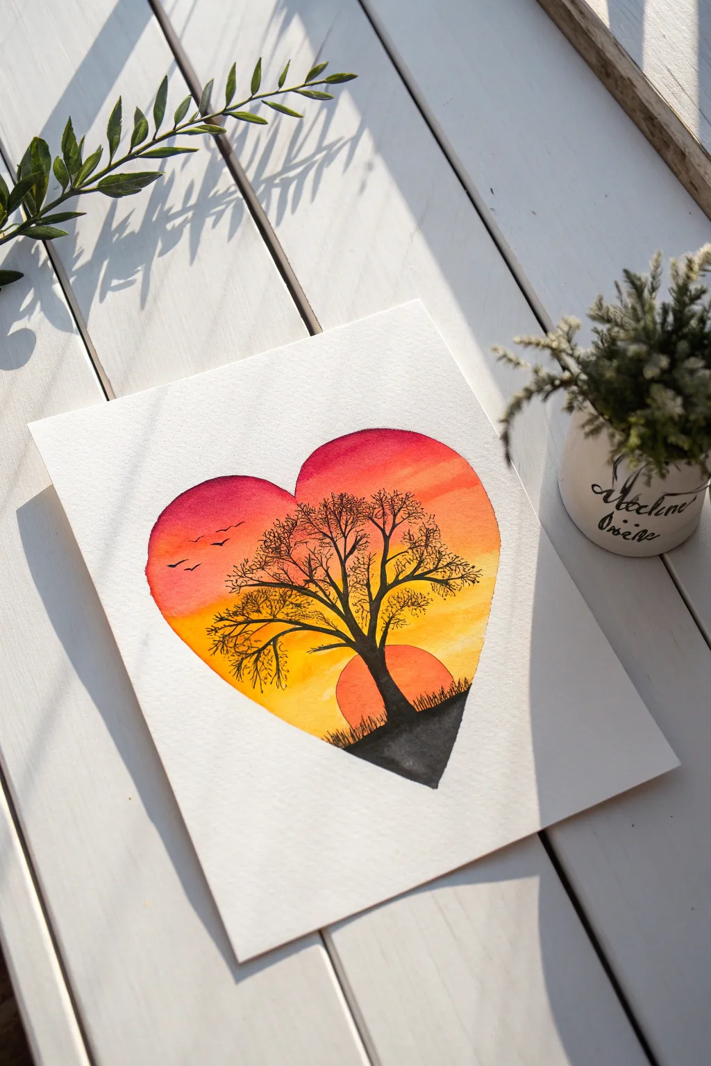 Capture the magic of dusk with this simple sunset silhouette heart painting idea.