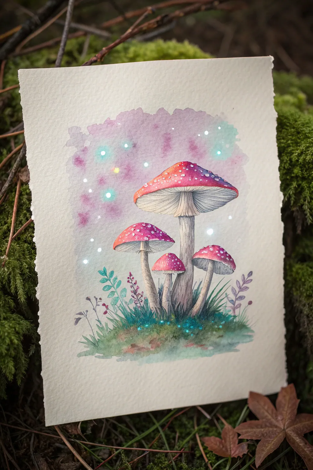 Paint a neon mushroom patch with dreamy mist and sparkles for a trippy hippy vibe