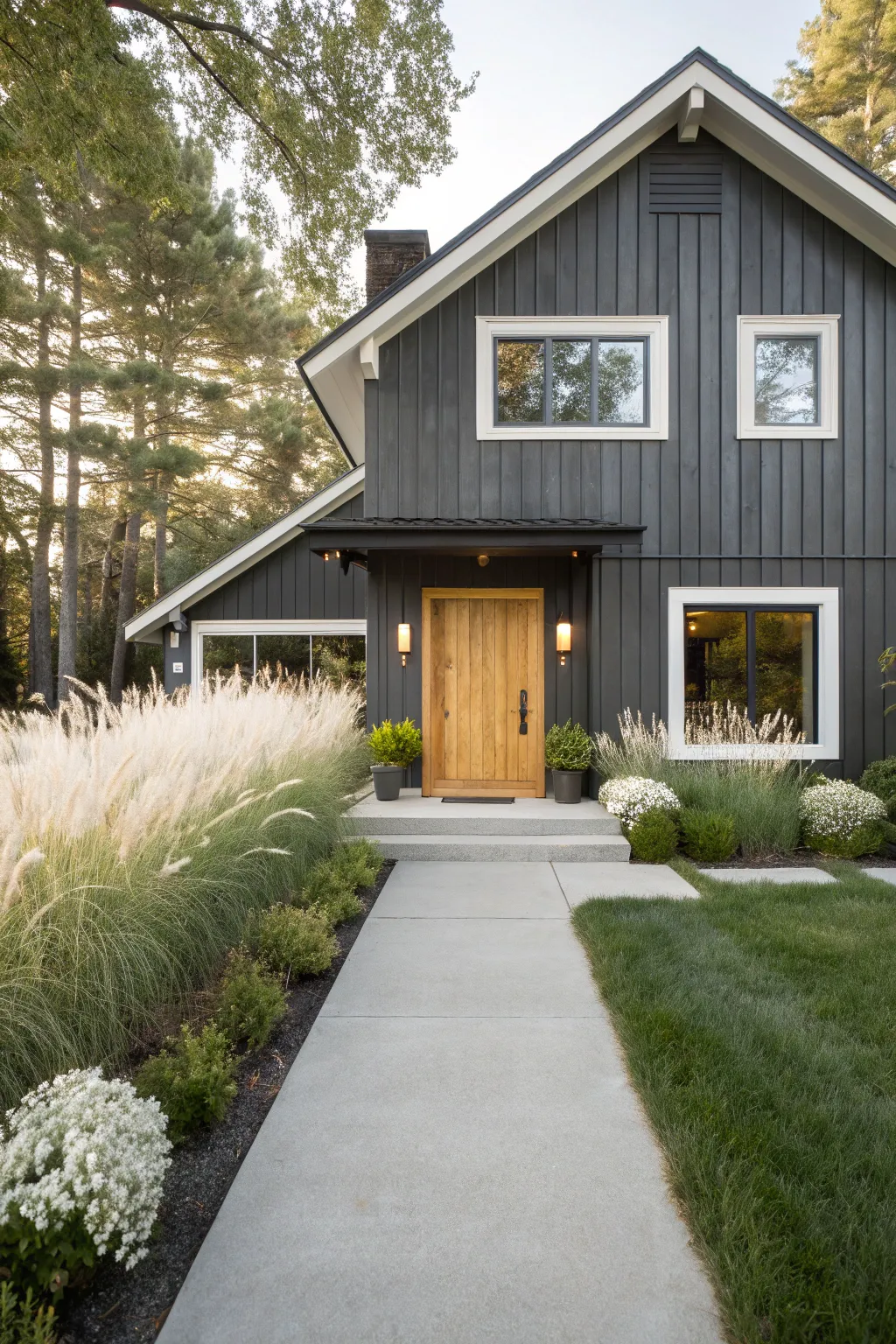 Charcoal exterior with soft white trim and lush greenery for a bold yet airy curb appeal
